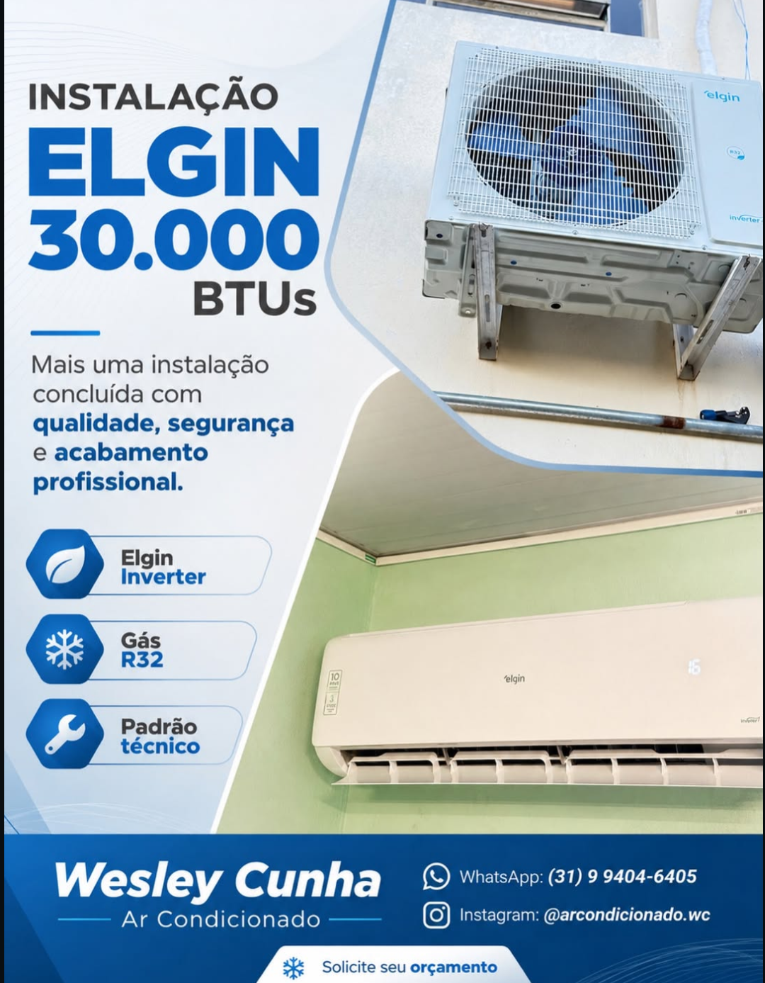 Instalação Elgin Inverter 30.000 BTUs com gás R32 e padrão técnico